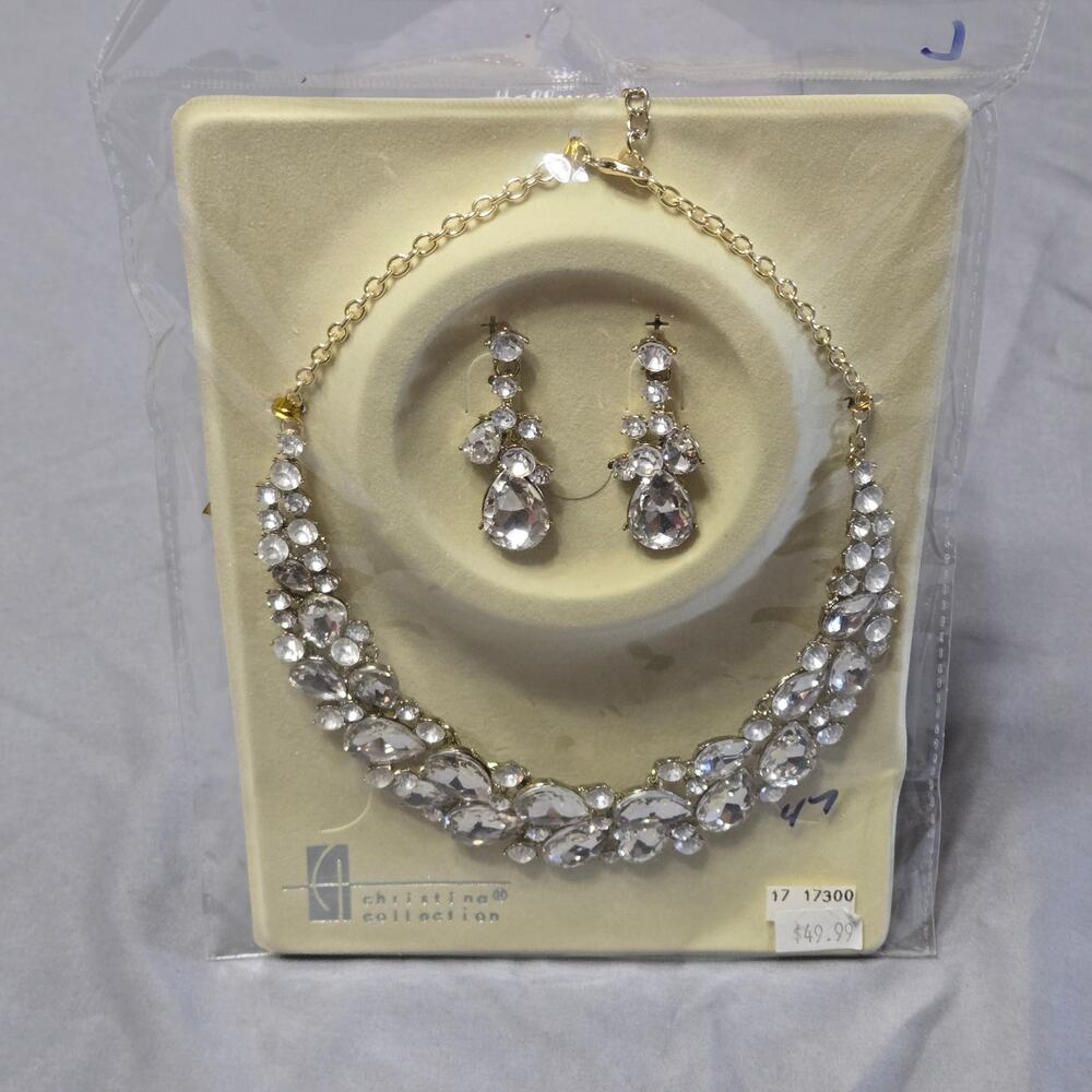 Christina Collection Clear Crystal Rhinestone Statement Necklace & Earrings Set
